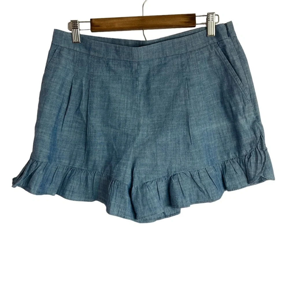 J. Crew Chambray High-Waist Ruffle-Hem Shorts in Light Blue